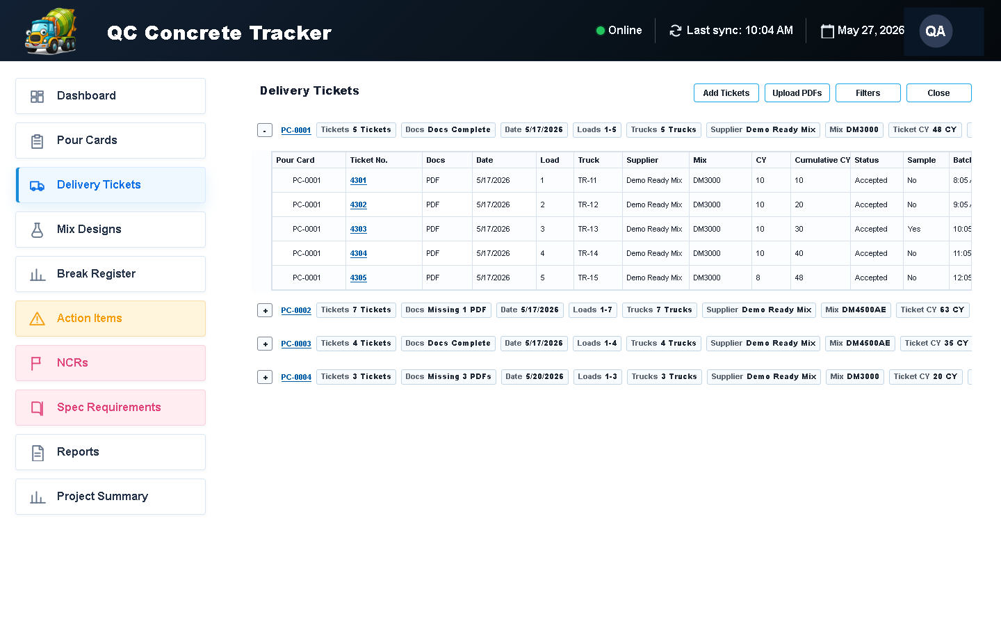 Delivery Ticket Register grouped by pour card